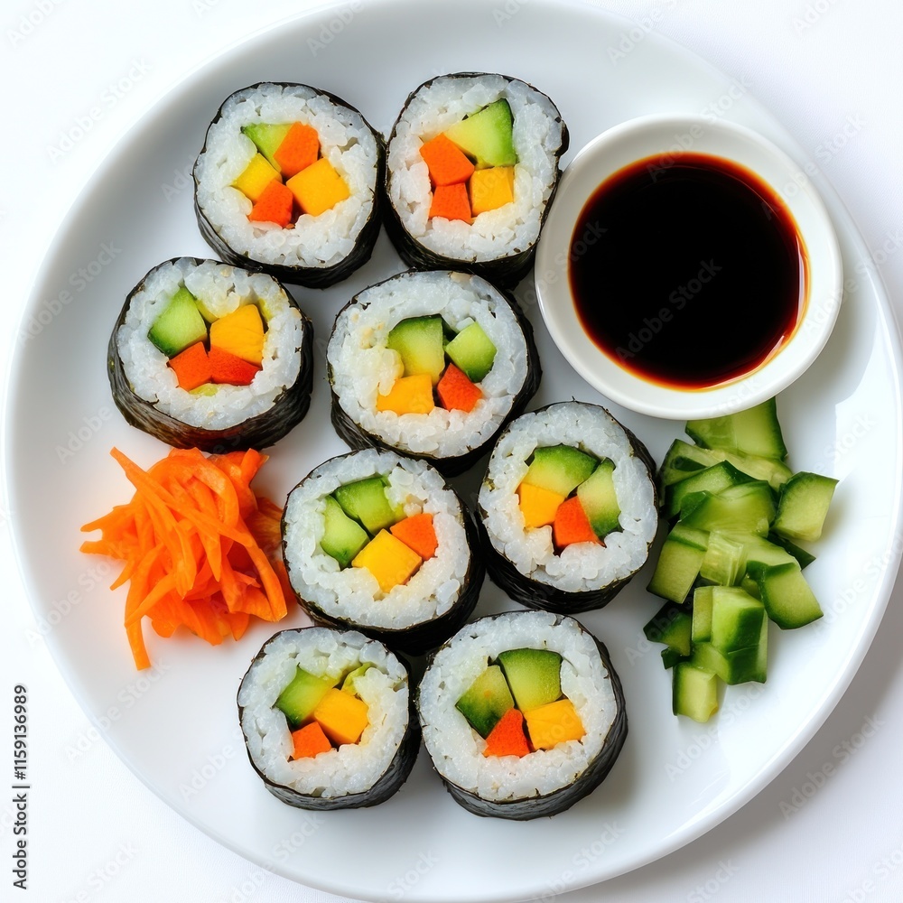 Eight vegetarian sushi rolls with soy sauce, carrots, and cucumber. Eight vegetarian sushi rolls with soy sauce, carrots, and cucumber.