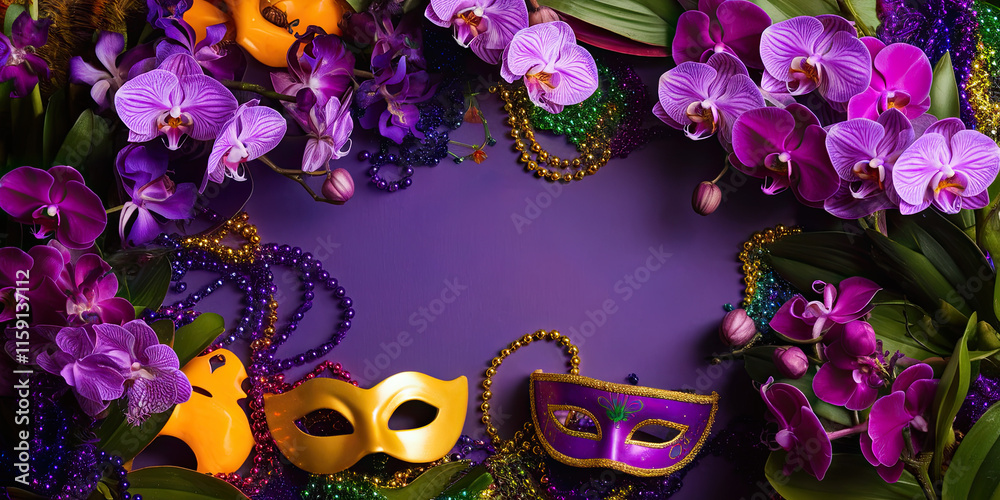 Mardi Gras Celebration Purple Orchids Masks Beads Mardi Gras Celebration Purple Orchids Masks Beads