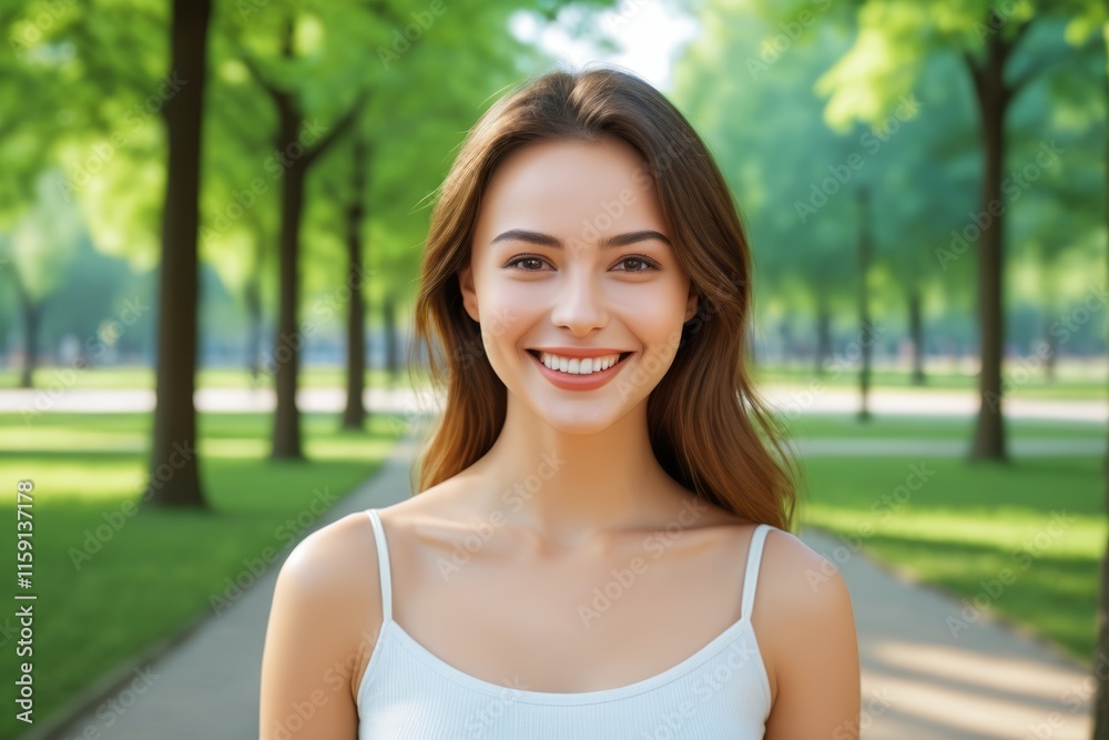 smiling woman in white tank top standing in park with trees smiling woman in white tank top standing in park with trees
