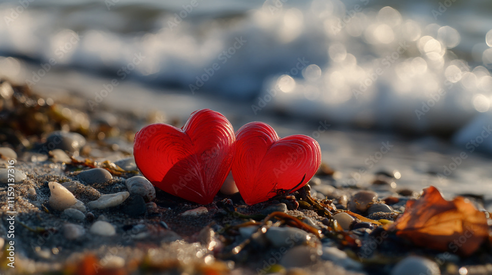Fototapeta premium Red heart-shaped decorations on a sandy beach by the ocean for Valentine's Day. 