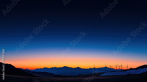 Silhouettes of wind turbines against a glowing sunset sky with mountain peaks, blending nature and renewable energy. Perfect for themes of sustainability, innovation, and serene landscapes. photo