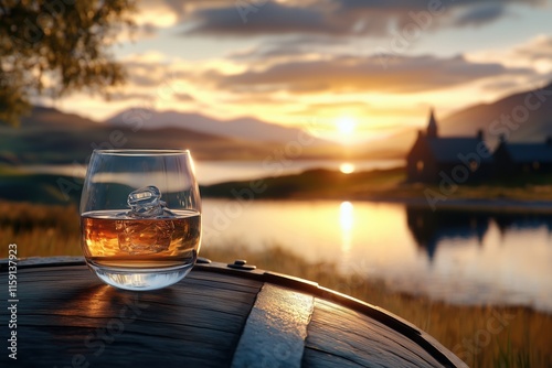 Glass of whisky with ice on a barrel, in a countryside setup, at sunset