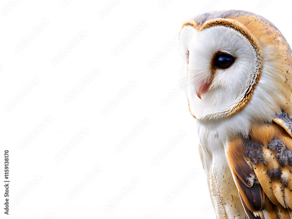 Naklejka premium A barn owl perched silently, with its heart-shaped face and delicate feathers highlighted against a plain white backdrop.