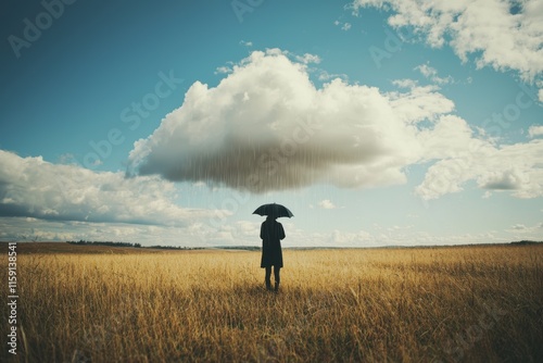 Symbolic Representation of Personal Hardship Under a Self-Created Rain Cloud in Sunny Field photo