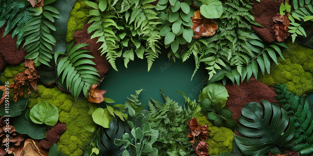 Obraz premium Lush Tropical Greenery Background Fern Moss Leaves