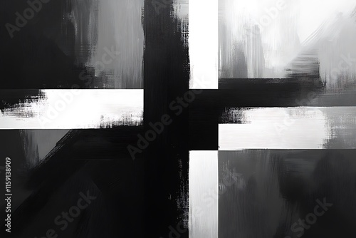 Abstract grayscale painting with bold brushstrokes and intersecting lines photo