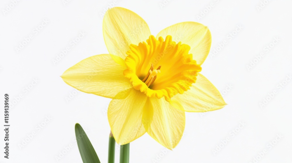 A macro photograph of a blooming yellow daffodil with its trumpet-shaped blossom, isolated white background, minimalist composition A macro photograph of a blooming yellow daffodil with its trumpet-shaped blossom, isolated white background, minimalist composition