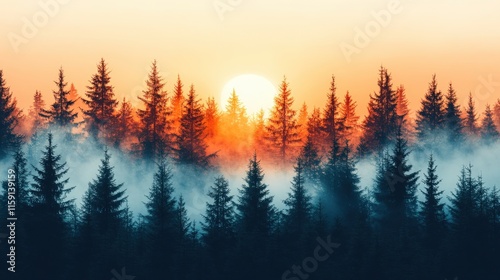 Misty forest sunrise with sun shining through trees.