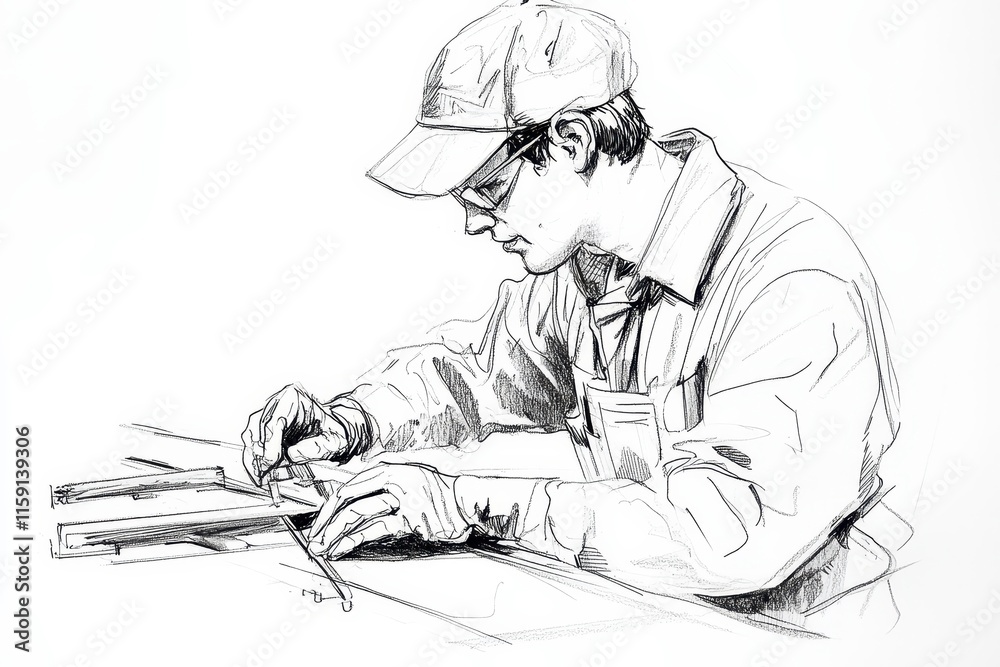 Focused Welding Sketch with Clean Lines on White Background Focused Welding Sketch with Clean Lines on White Background