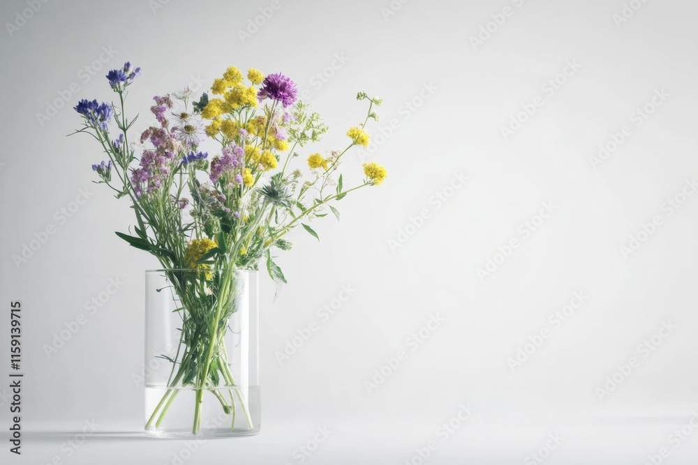 Minimalist still life of wildflowers in a clear glass vase with copy space for text. Generative AI Minimalist still life of wildflowers in a clear glass vase with copy space for text. Generative AI