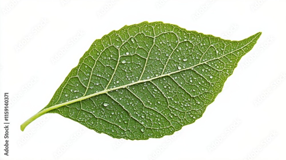A macro shot capturing the delicate veins of a green leaf with dewdrops, isolated white background, minimalist art style A macro shot capturing the delicate veins of a green leaf with dewdrops, isolated white background, minimalist art style
