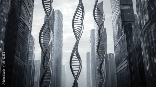 Futuristic cityscape featuring buildings resembling DNA strands, showcasing blend of modern architecture and innovative design. scene evokes sense of advanced technology and creativity