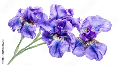 A macro shot of a cluster of purple iris flowers with intricate veins, isolated white background, romantic art style