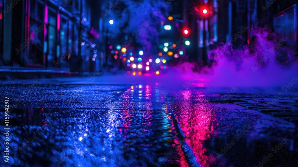 Obraz premium Night city street with vibrant neon lights reflecting on wet pavement, creating a dynamic and atmospheric urban scene filled with energy and modern charm.