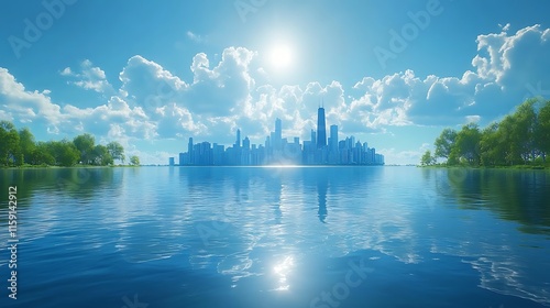 Waterfront reflections of modern cityscape beneath a stunning blue sky wallpaper image