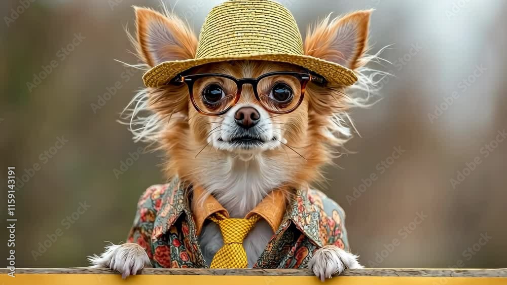 A cool looking Chihuahua dog struts down the runway in a funky fashion dress jacket, tie, and glasses, topped off with a tilted straw hat