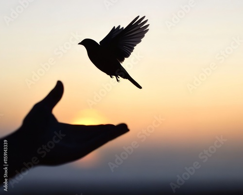 A bird flying out with a minimalistic silhouette, sunset casting a glow in the background.