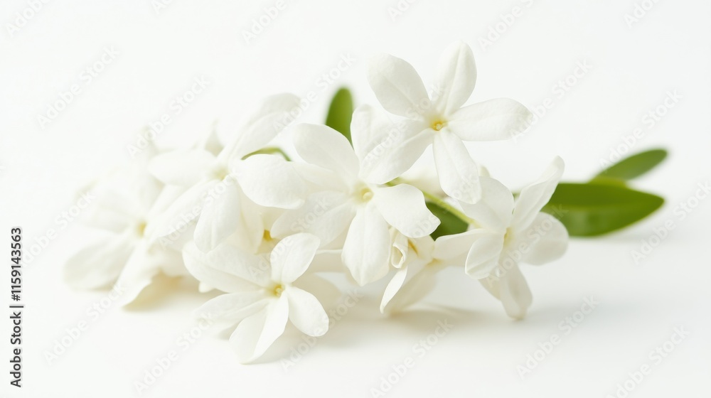 Obraz premium A macro shot of a cluster of white jasmine flowers, isolated white background, minimalistic art style