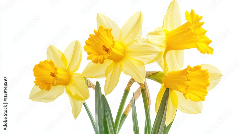 Fototapeta premium A macro shot of a cluster of yellow daffodil flowers with trumpet-shaped blooms, isolated white background, modern art style