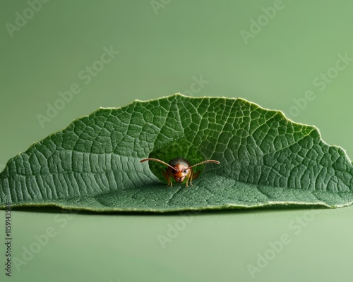 A little ant peeking from behind a leaf's, set against a vibrant green background.