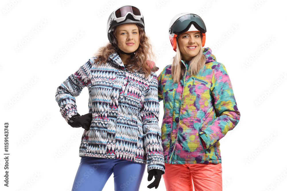 Female friends in ski uniforms smiling and looking at the camera Female friends in ski uniforms smiling and looking at the camera