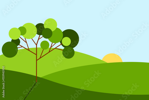 Sunny day cartoon landscape with trees and rolling hills, illustration. 