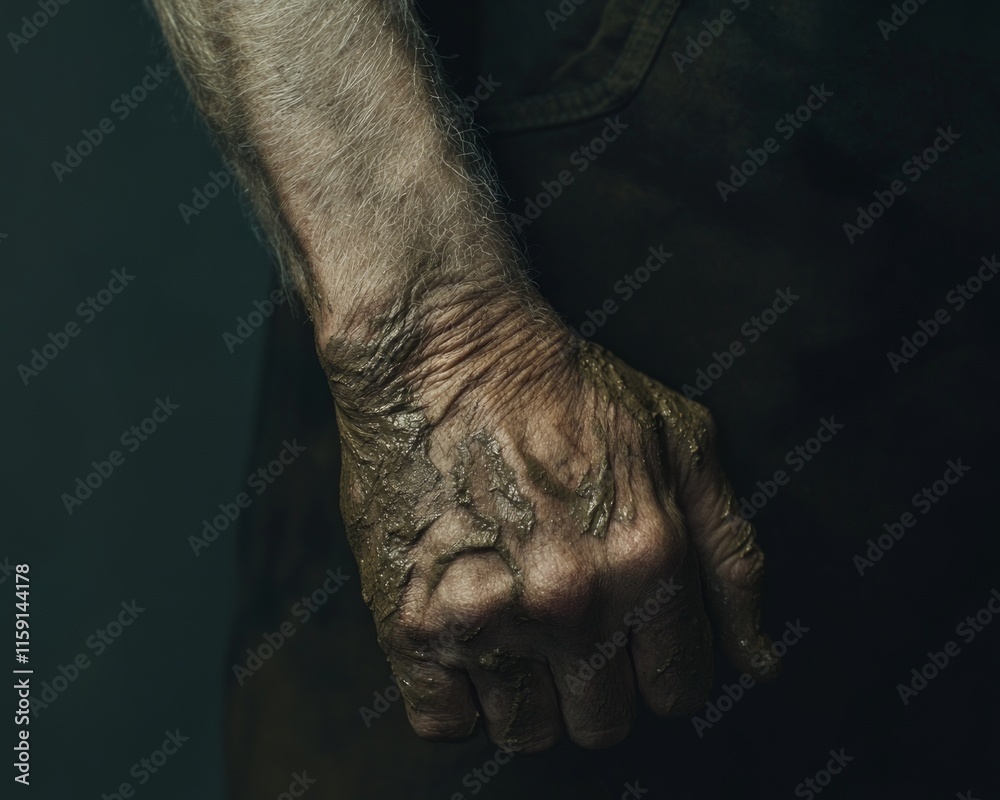 A photography of an old man's hand covered in mud, emphasizing rugged texture, hard work, and resilience. A photography of an old man's hand covered in mud, emphasizing rugged texture, hard work, and resilience.