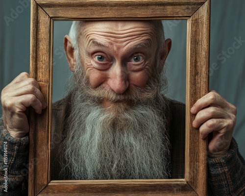 An old man with a long beard playfully holds a large wooden frame, making silly faces, highlighting humor and creativity.