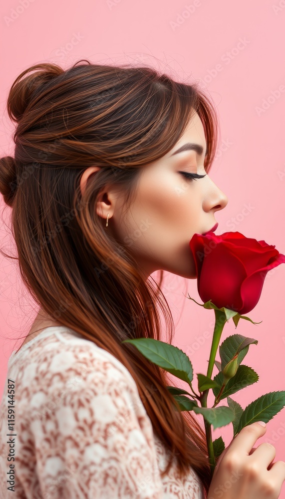 profile of an elegant woman holding a red rose close to her to smell its scent profile of an elegant woman holding a red rose close to her to smell its scent
