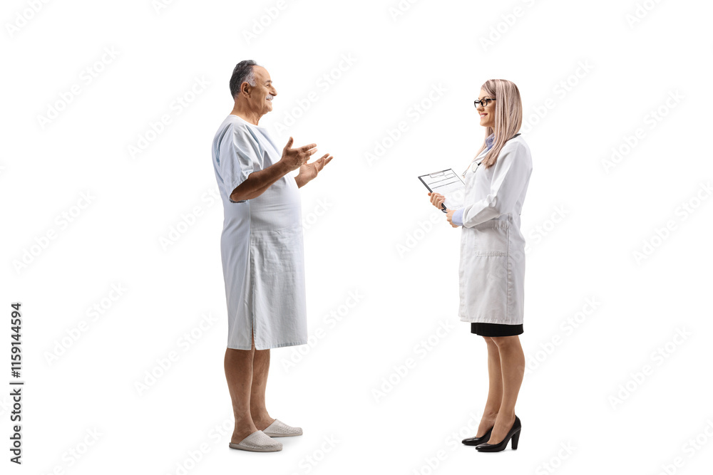 Mature male patient in a hospital gown talking to a doctor Mature male patient in a hospital gown talking to a doctor