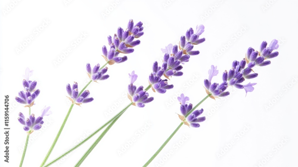 Naklejka premium A macro shot of delicate lavender blossoms with their fragrant spikes and soothing purple hue, isolated white background, minimalist art style