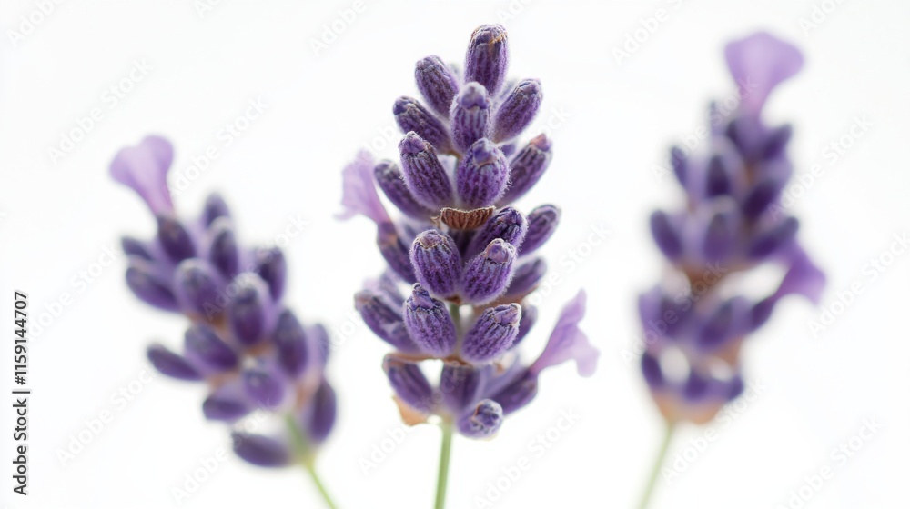 A macro shot of delicate lavender blossoms with their fragrant spikes and soothing purple hue, isolated white background, minimalist art style A macro shot of delicate lavender blossoms with their fragrant spikes and soothing purple hue, isolated white background, minimalist art style
