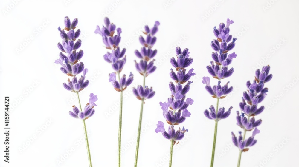 Fototapeta premium A macro shot of delicate lavender blooms with their soothing purple petals and slender stems, isolated white background, minimalist art style