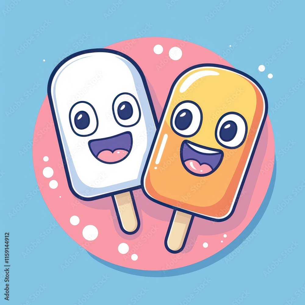 Fototapeta premium A flat design cartoon vector of a cheerful popsicle duo, one smiling and one melting, surrounded by sparkles, set on a pastel aqua and pink gradient background for a fun and cool summer vibe.