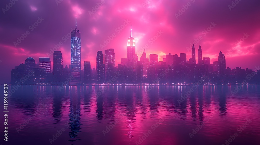 Fototapeta premium Glowing sunset enhances vibrant cityscape reflections on peaceful calm water surface image