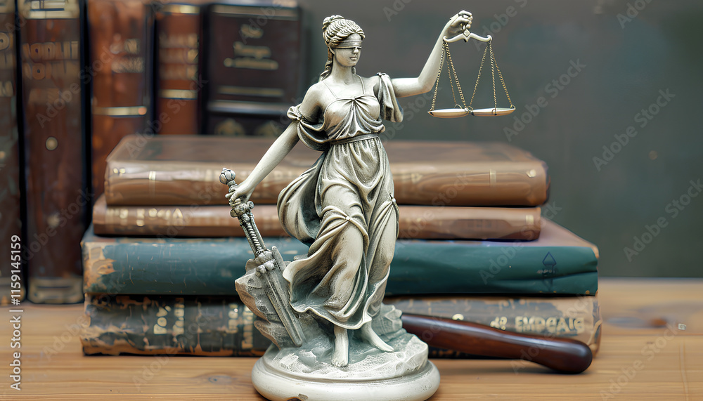 Symbol of fair treatment under law. Statue of Lady Justice near books and gavel on wooden table, space for text Symbol of fair treatment under law. Statue of Lady Justice near books and gavel on wooden table, space for text