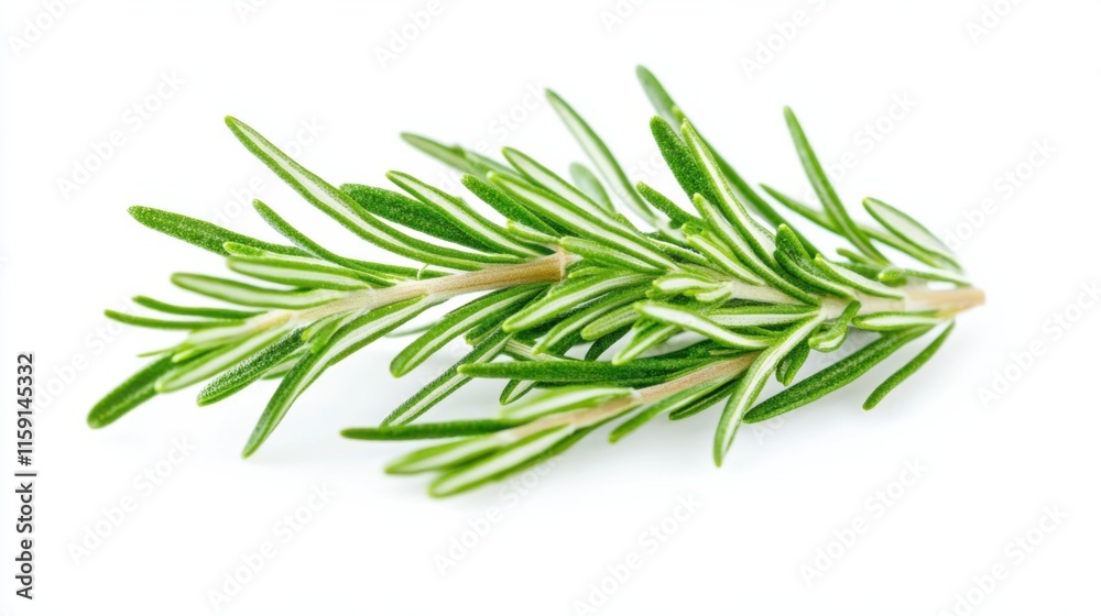 A macro shot of fresh green rosemary leaves with their needle-like shape and aromatic fragrance, isolated white background, minimalist art style A macro shot of fresh green rosemary leaves with their needle-like shape and aromatic fragrance, isolated white background, minimalist art style