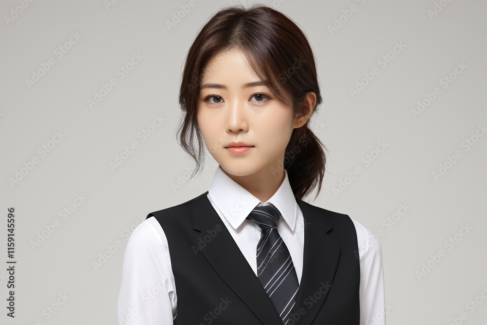 there is a woman in a black vest and tie posing for a picture there is a woman in a black vest and tie posing for a picture