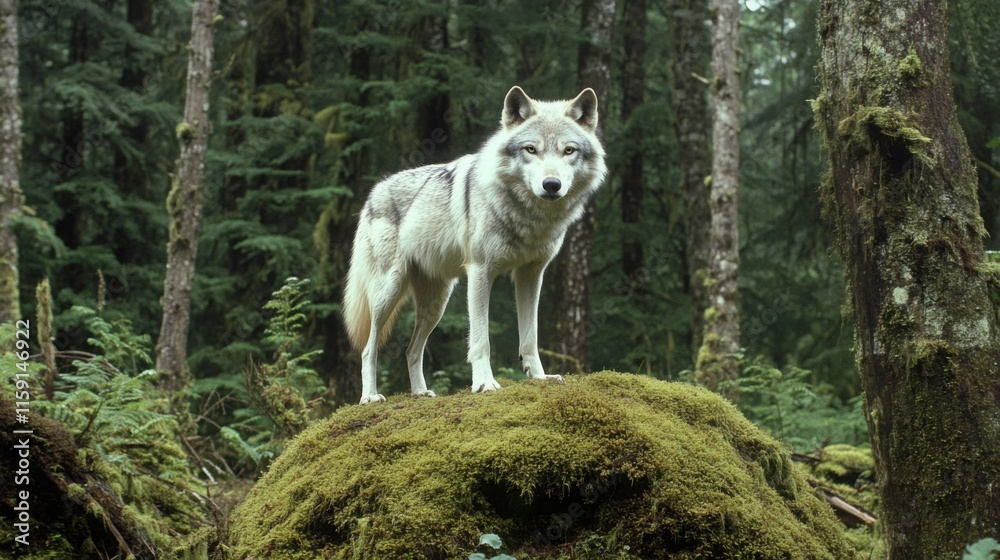 Fototapeta premium Majestic wolf stands on a moss-covered rock in a lush green forest. Its fur is a blend of white and gray, contrasting beautifully with the vibrant surroundings.
