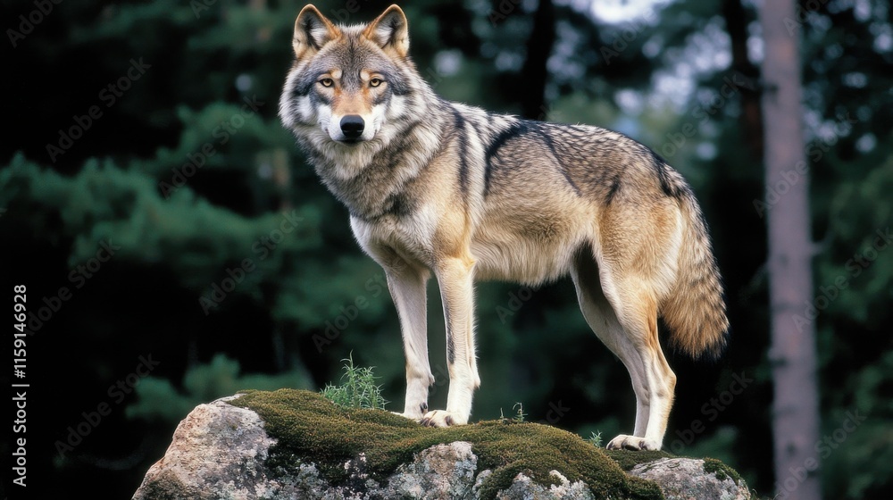 Obraz premium A majestic gray wolf stands alert on a moss-covered rock, its fur blending with the muted greens and browns of the forest background.