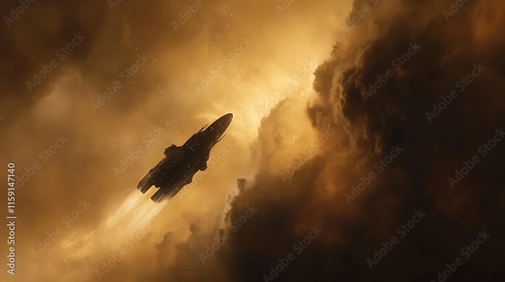 Spaceship Soaring Through Golden Nebula Clouds Spaceship Soaring Through Golden Nebula Clouds