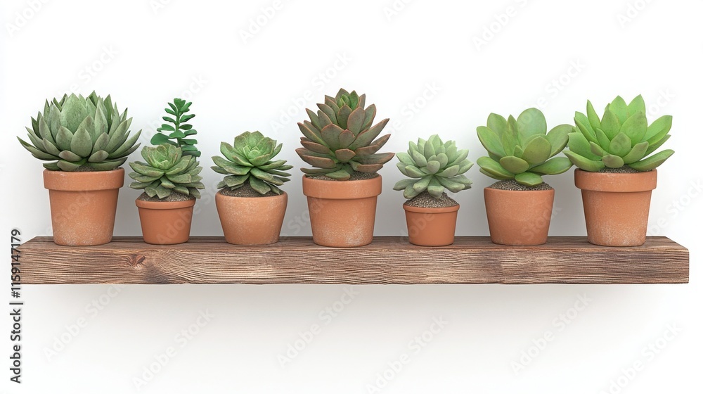 Obraz premium A rustic wooden shelf displays a charming collection of succulents in terracotta pots. The earthy tones and lush greenery create a peaceful and calming scene.