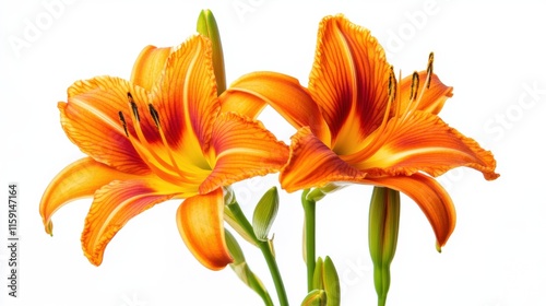 A macro shot of vibrant orange daylily flowers with their trumpet-shaped blooms and bold hues, isolated white background, minimalist art style