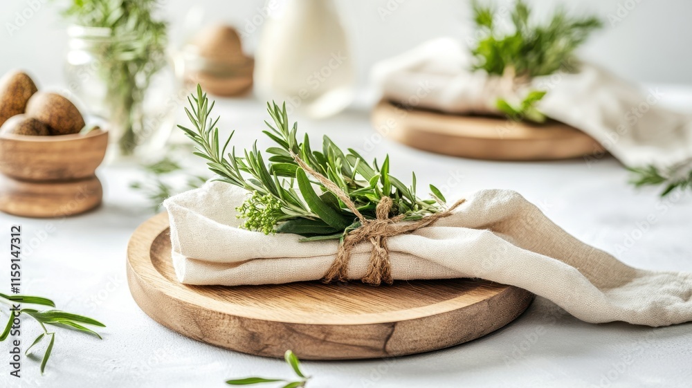 Eco-friendly Easter table with linen napkins and wooden plates. Easter Eco-friendly Easter table with linen napkins and wooden plates. Easter