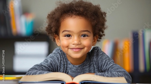 Cheerful young girl with curly hair smiles brightly while reading a book, showcasing youth, joy, and the love of learning in a cozy indoor environment photo