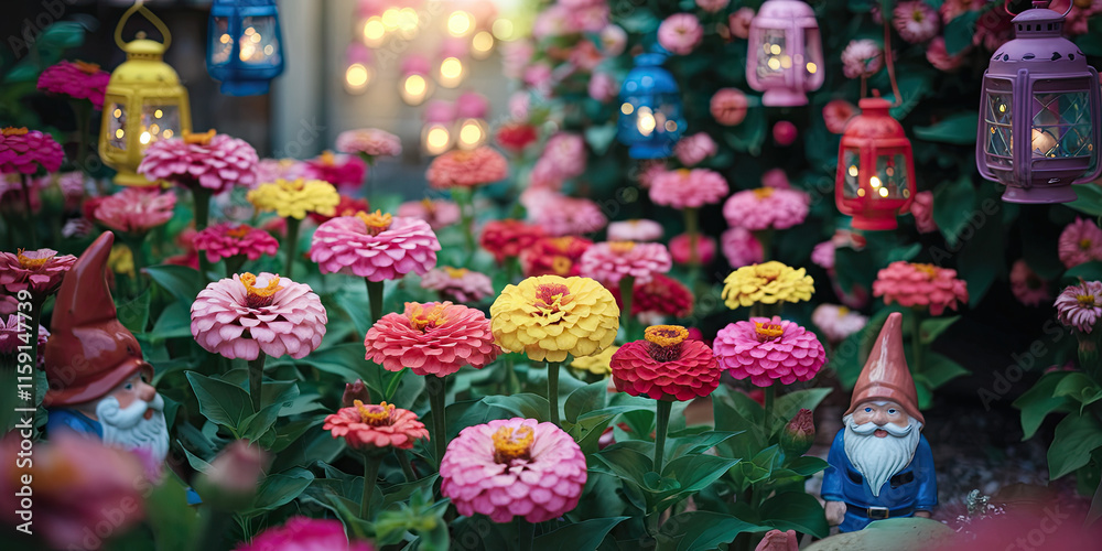 Fototapeta premium Colorful Zinnia Flowers Garden Gnomes Fairy Lights Lanterns
