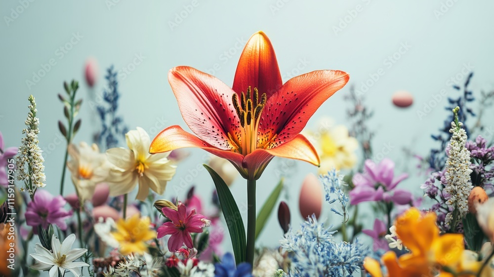 Naklejka premium Easter lily surrounded by vibrant flowers, colorful textures of spring. Easter