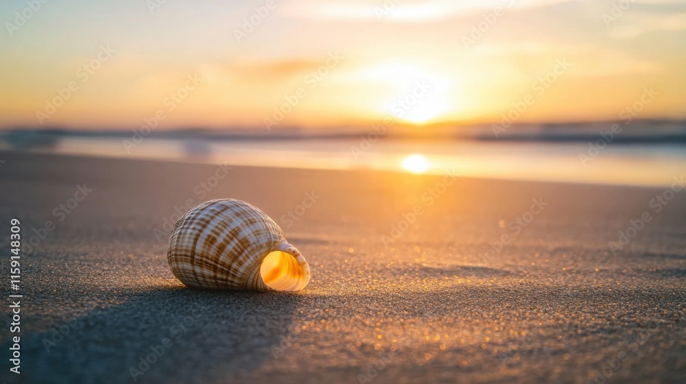 Obraz premium A minimalist composition of a single seashell on a sandy beach at sunset, low angle shot, Minimalist style