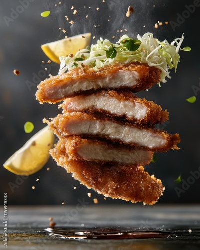 Slices of crispy tonkatsu pork cutlet defy gravity, surrounded by shredded cabbage and lemon wedges with a splash of savory sauce, creating an enticing culinary display