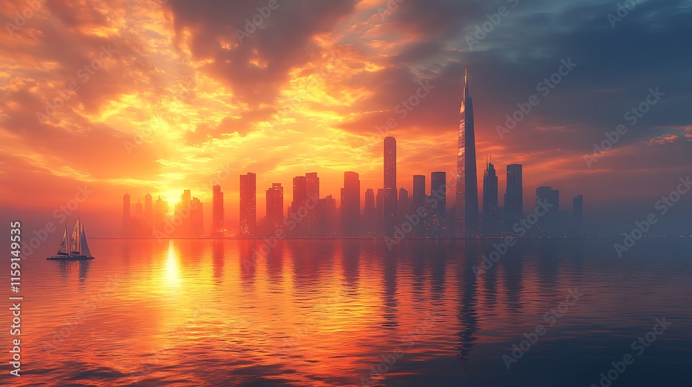 Sunset enhances the vibrant cityscape with colorful reflections on calm water photo